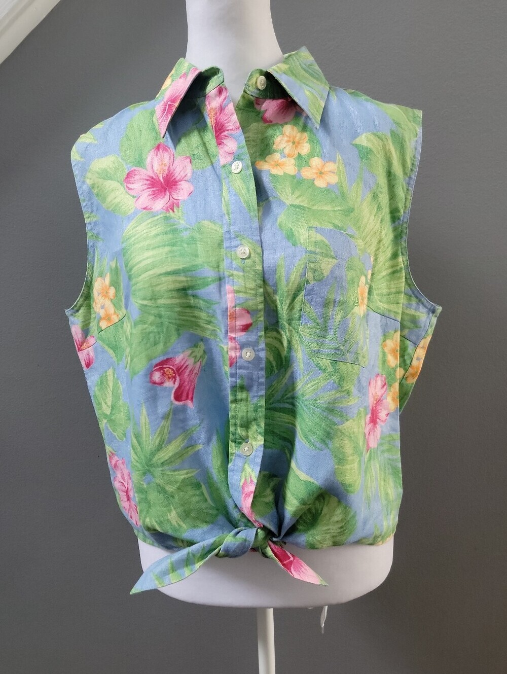 Vtg Ralph Lauren Linen Floral Top Sleeveless Blouse Sz 14 Tropical Tie Front